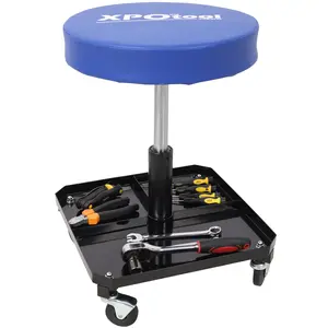 Mechanic Stool, 250 LBS Rolling Pneumatic Creeper Garage/Shop Seat, Adjustable Height 16-22 inch in Padded Rolling Workshop Stool with Tool Tray, for Garage, Shop, Auto Repair, Black+BLue