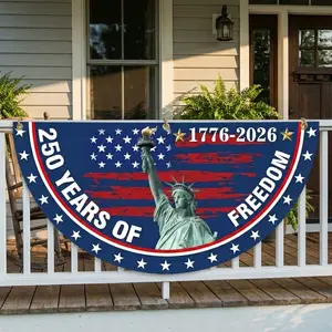 (1 Piece Only) 250 Years Of Freedom Semicircle Flag Banner, 250th Anniversary Fan Flags, 2 Ply Year American Anniversary Flag for Wall, Front Door, Porch, Fence, Outdoor Decorations