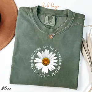 Comfort Colors Imagine Peace T-Shirt – Floral Daisy Peace Sign Tee, John Lennon Inspired, Retro Hippie Shirt, Boho Peace Quote Tee, For Woman - Hnh Design Apperal