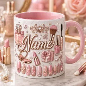 Personalized Glam Name Mug 2D Printed 3D Effect Coffee Mug Custom Pink Makeup Design Ceramic Cup for Beauty Lover Makeup Artist Gift for Women Girls Birthday Graduation Appreciation Gift Idea For Her