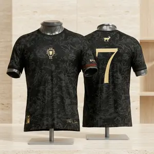 Portugal No.7 Black Gold GOAT Soccer Jersey, Premium Vintage Football Shirt, Luxury Pattern Fan Edition Streetwear Sports Top