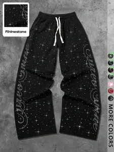 Unisex Street Style Rhinestone Hip Hop Cloud Letter Patched Sweatpants, Long Sport Pants for Streetwear, Y2K Fashion, Rap Performance, Men's Gift