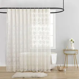 Lace  Shower Curtain with Attached Valance, Crochet Rustic Floral Sheer Shower Curtains for Bathroom, Scalloped Edge Reinforced Holes Top  Shower Curtain, 72 x 72 Inch, 1 Panel