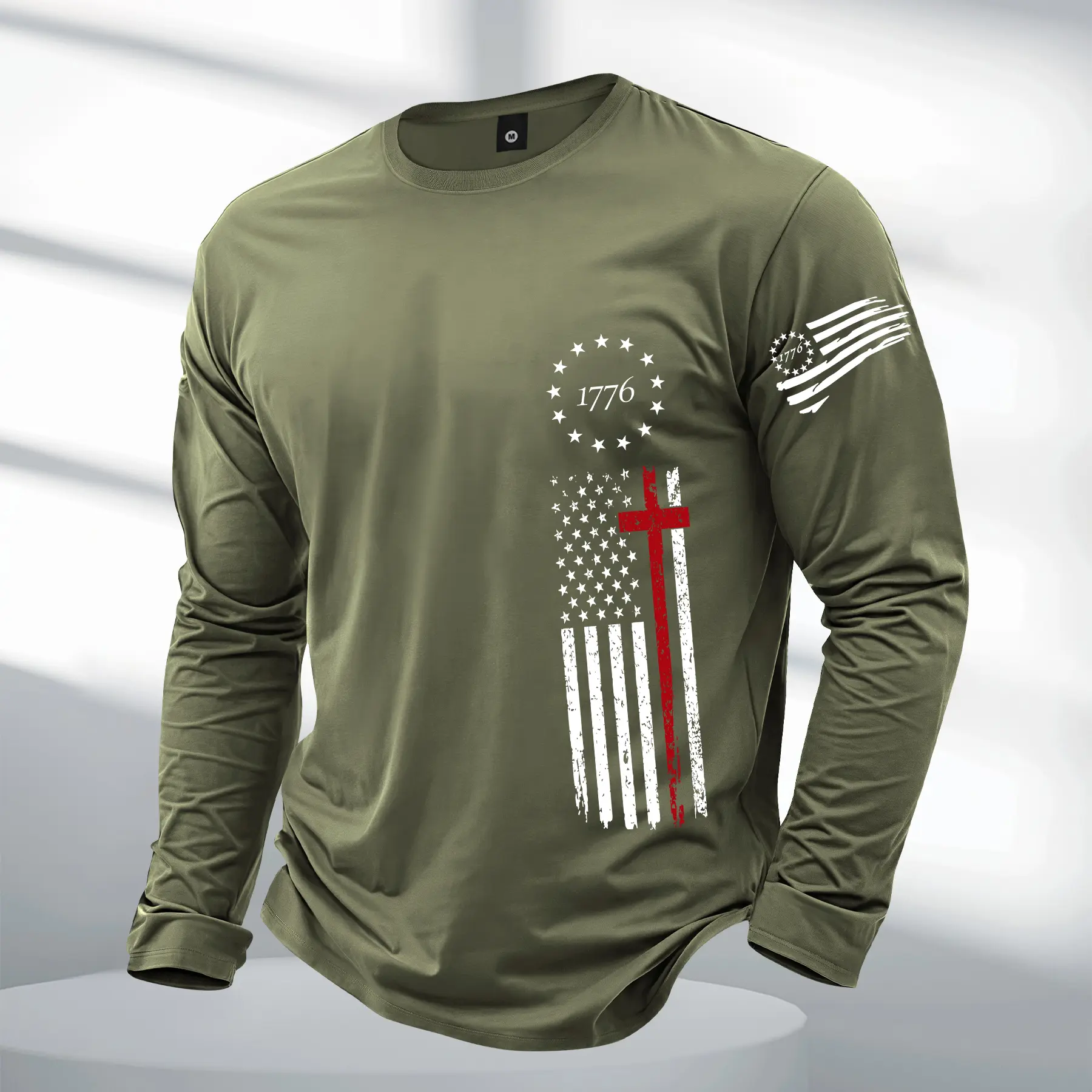 Men's Fitted Medium Length Casual Round Neck Longsleeve T-Shirt - 2026 American Streetwear, 1776 U.S. Flag Graphic, Sporty Chic Clothes, All-Seasons Athletic Outdoor Wear, Ideal for BF Gift