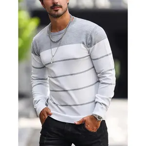 Men's Casual Striped Knitted Pullover - Navy Blue and White Contrast, Regular Fit H-neck, Long Sleeve Crew Neck, Medium Elasticity, Machine Washable Spring and Autumn Style, Medium Stretch Fabric, Seasonal Clothing, Ribbed Details, Durable Structure, Ver