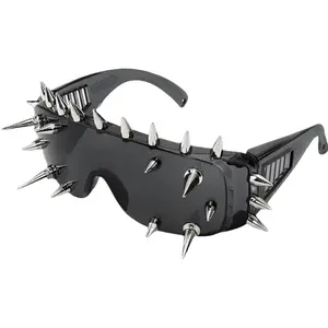 Edgy Cyberpunk Spiked Glasses | One-Piece Futuristic Lens Black Frame – Streetwear Essential for Party & Summer Beach
