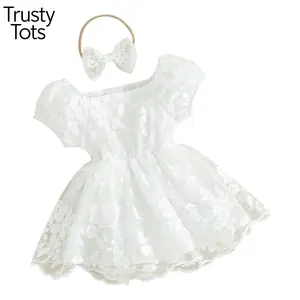 Trusty Tots Baby Girls Rompers Dress Flower Embroidered Puff Sleeve Layered Tulle Skirt Hem Toddler Bodysuits with Headband Baby Girls Romper Dress Baby Girl Lace Sleeveless Romper Baby