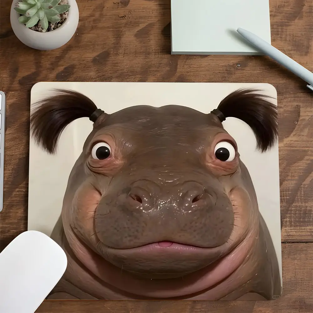Square Cute Baby Hippo with Pigtails Gaming Mouse Pad, Computer Mouse Pad, Funny Animal Design, Gaming Room Accessories, Desktop Decorative Protective Pad, Rubber Anti-slip Lockedge Work Pad, Small Size Suitable for Laptop, Games, Work, Daily Use