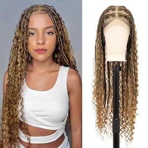 Esnccur 360° HD Full Lace Braided Wigs for Women Knotless Boho Braided Wig Brown Blonde Box Braid Wig with Boho Curls Human Hair Blended Braided Lace Front Wig with Baby Hair 36 Inch