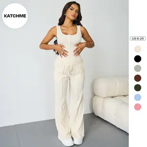 KatchMe Women's Casual Solid Color U Neck Sleeveless Crop Tank Top & Wide Leg Trousers Co-ord, Comfort Basic Loose Co-ord Set for Lady, Soft Womenswear