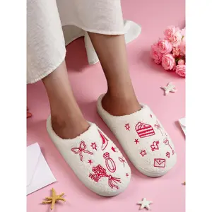 Cute Plush Home Slippers for Women, High Heel Bow Embroidered Warm Shoes, Indoor Outdoor Anti-Slip Slip-Ons, Fall Winter Christmas Gift For Girls