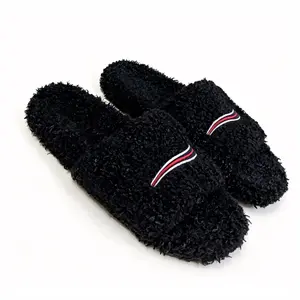 Women's Stylish Curly Fuzzy Open-Toe Sports Slides, Striped Embroidered Plush Warm Non-Slip Indoor Footwear for Home Bedroom Winter Use