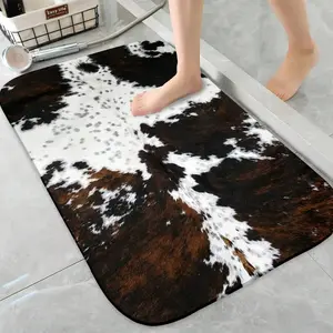 1pc Cowhide Print Bathroom Rug - Durable Non-Slip Quick-Dry Washable Indoor/Outdoor Flannel Rug, Stylish Black & White Cowhide Design For Bathroom, Kitchen, Laundry Room, Bedroom, Terrace, Bathroom Rugs Non Slip Washable, Kitchen Floor Mat, Decorative Flo