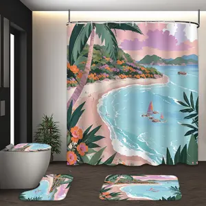 LVRLVR 4pcs Tropical Beach Palm Tree Sailboat Illustration Coastal Summer Bathroom Set with Shower Curtain, Bath Rugs and Hooks - 70.8"×70.8" (180×180cm)
