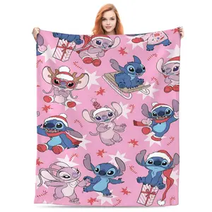 DISNEY CLASSIC Stitch Christmas Blanket - Festive Pink Design with Stitch & Lilo in Santa Outfits - Soft Plush Throw Blanket for Kids - Perfect Holiday Gift