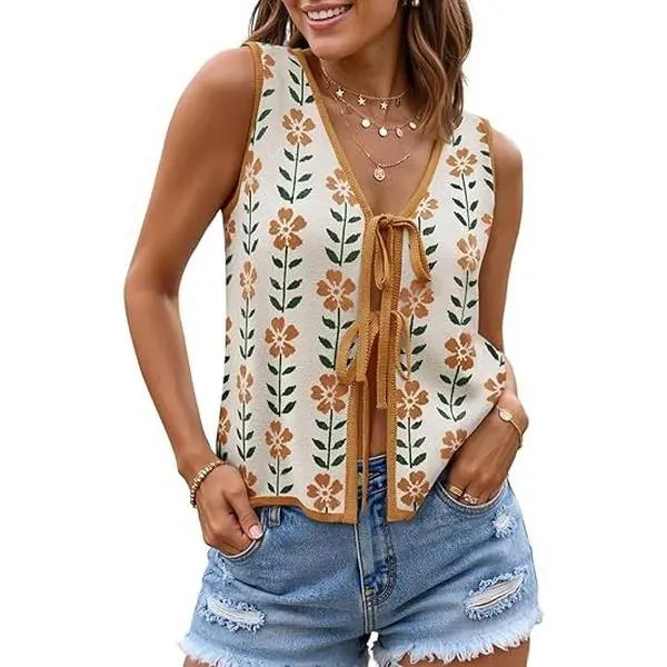 ZESICA Women's V-Neck Tie Front Breathable Floral Print Sleeveless Loose-Fitting Knit Sweater Vest - 2026 Chic Casual Business Y2k Tank Top, Iron After Washing