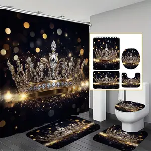 Crown Pattern Shiny Shower Curtain Set, 2/4 Counts/set Including Shower Curtain & Toilet Lid Cover & Mat & U-shaped Mat, Bathroom Accessories, Shower Essentials