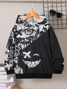 Boys' Fall Winter Hooded Sweatshirt, Funny Face Print, Casual Sporty Style, Long Sleeve Pullover for Kids Aged 8-16 Years