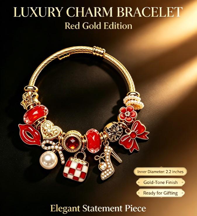 Fashion Red Lip & High Heel Charm Bangle, Gold-Tone Twisted Wire Hard Bracelet with Red Enamel & Pearl Beads, Western Style Jewelry for Women Fashion Red Lip & High Heel Charm Bangle, Gold-Tone Twisted Wire Hard Bracelet with Red Enamel & Pearl Beads, Western Style Jewelry for Women