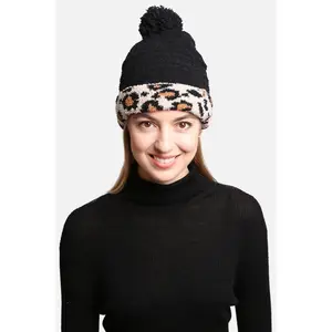 mySundaze Solid Microfiber Beanie Hat with Leopard Cuff & Pom with Sherpa Lining