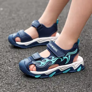 Boys Closed Toe Sport Sandals, Breathable Mesh Flame Print Outdoor Water Shoes with Non-Slip Rubber Sole, Adjustable Velcro Strap Beach Sandals for Toddler/Little Kid