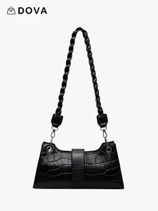 DOVA Crocodile Embossed Leather Baguette Shoulder Bag for Women  Braided Strap & Minimalist Buckle Design Compact Capacity Single Shoulder Bag for Daily & Cool Casual Use (11.02" L)