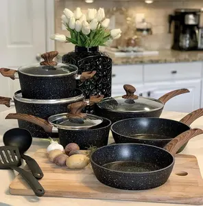 Kitchen Academy Induction Cookware Sets - 12 Piece Cooking Pan Set, Granite Black Nonstick Pots and Pans Set