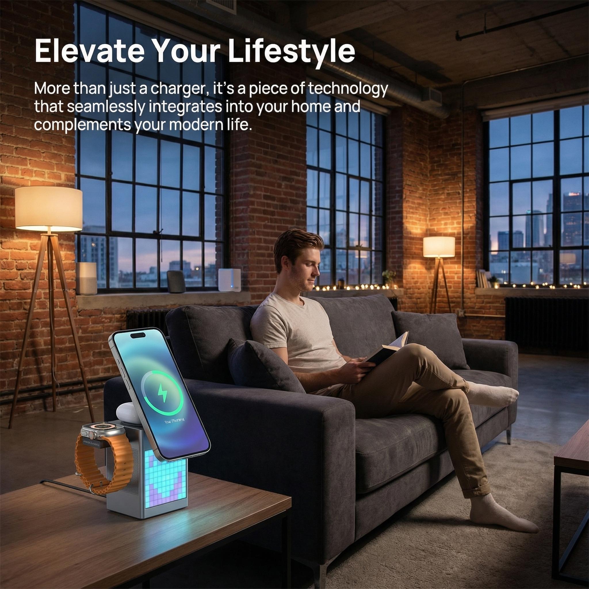 6-in-1 Charging Station for Apple Devices, 15W Magnetic Wireless Charger Stand with Bluetooth Speaker, Digital Alarm Clock, Pixel Display, Compatible with MagSafe iPhone Series, Apple Watch & AirPods - March Madness, Spring Break, World Cup, Easter 6-in-1 Charging Station for Apple Devices, 15W Magnetic Wireless Charger Stand with Bluetooth Speaker, Digital Alarm Clock, Pixel Display, Compatible with MagSafe iPhone Series, Apple Watch & AirPods - March Madness, Spring Break, World Cup, Easter