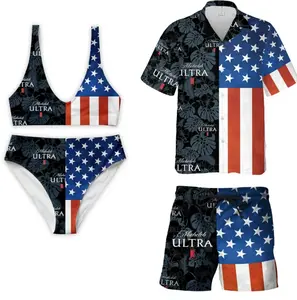 10 Designs Michelob Ultra 2 Piece Couple Swimwear Set/ Hawaiian Shirt/Men's Beach Shorts, Red White Blue American Flag Fashion Bathing Suit, Bikini and Short Couple Outfits, Perfect for Summer Beach & Lake Days