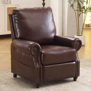 Pushback Recliner Chair with Massage & Heat, Breathable Leather, Overstuffed Backrest, Rivet Decoration, Single Sofa Accent for Living Room, Brown