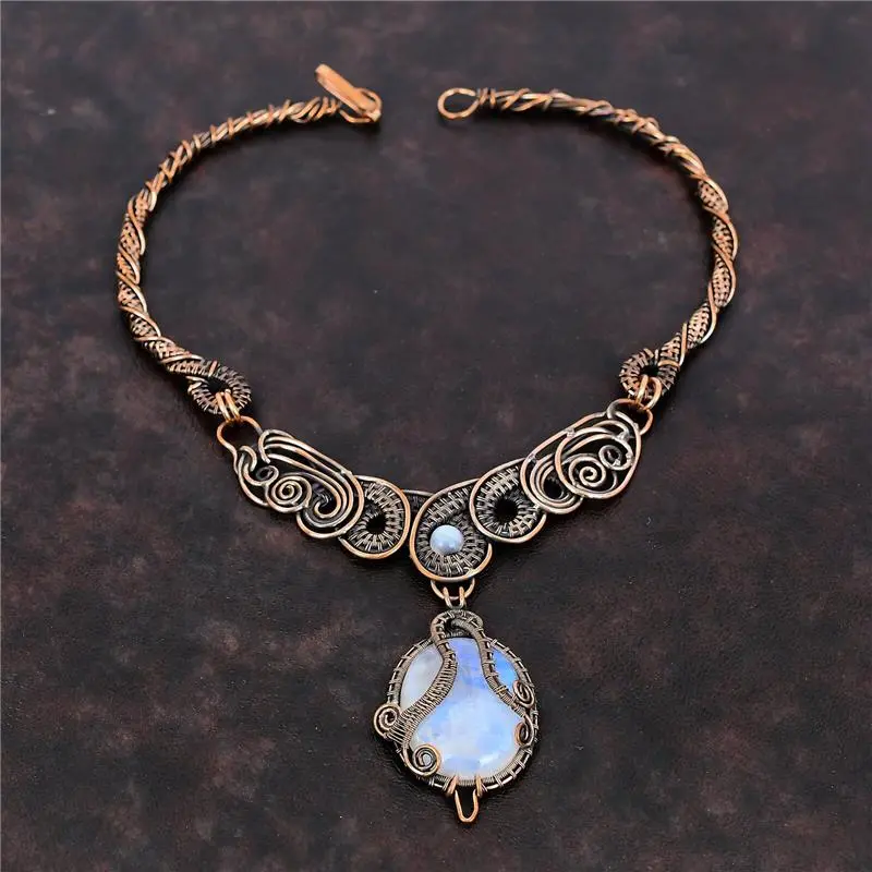 Rainbow Moonstone Jewelry Copper Love Gift Wire Wrapped Chain Necklace 18.0"