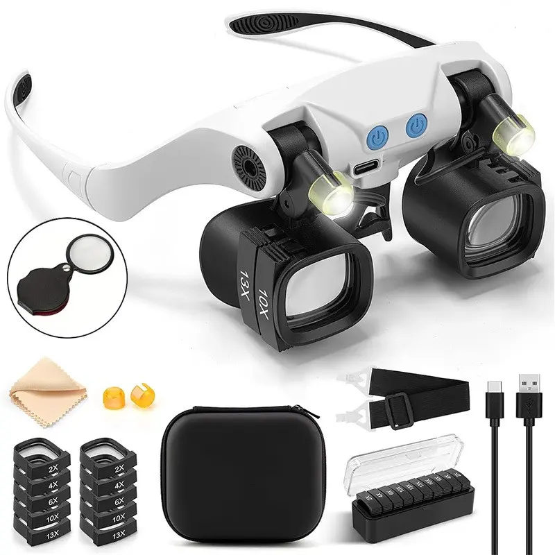 23x Head-Mounted Magnifying Glass with Light, USB Rechargeable Charging, Interchangeable Lenses, Ideal for Watch Repair, Circuit Board Testing, Jewelry Appraisal, Accessories, Convenience