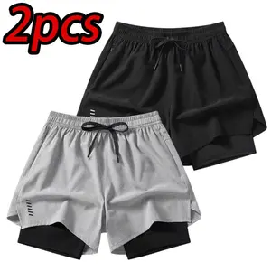 2-pack men’s quick-dry fitness shorts, anti-chafing lining, zippered pocket men’s double-layer running shorts, breathable sports shorts with built-in padding