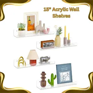 4 Pack Clear Floating Shelves for Wall, Acrylic Wall Mounted Shelves, Invisible Storage Organizer, Bathroom Bedroom Kitchen Nursery Aesthetic Room Decor