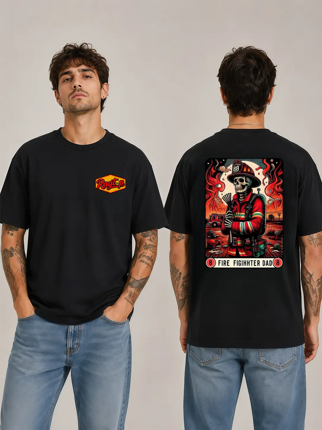Men's Classic Short-Sleeve Cotton Fabric Casual Stylish Graphic T-Shirt - Ragtop Firefighter Dad Playing Card 88 Print, Fire Rescue Skeleton Design, Proud Firefighter Father Apparel, Shortsleeve, Menswear