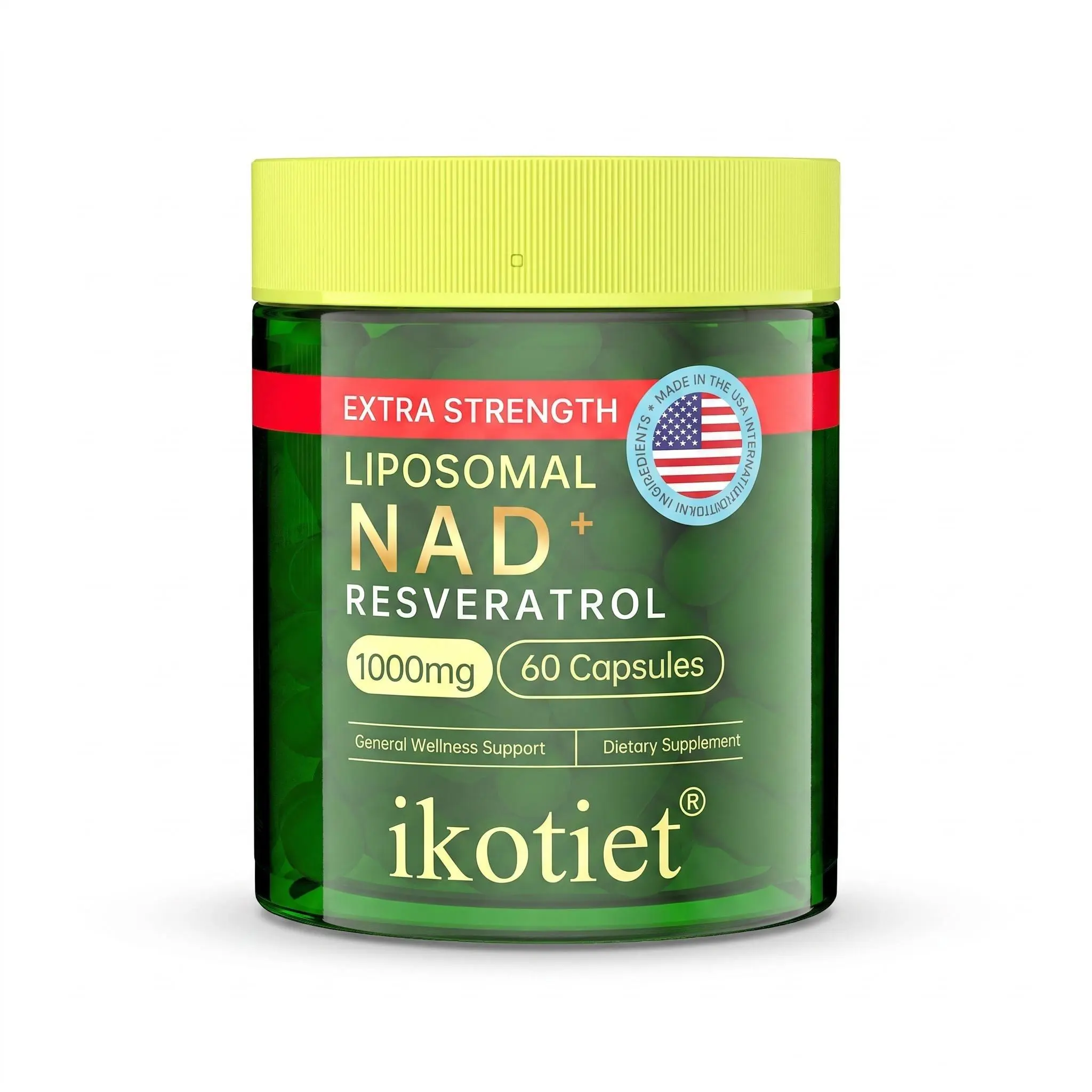 ikotiet Liposomal NAD Plus Resveratrol Supplement Capsules 1000mg, 60 Count, Vegan Non-GMO GMP Certified Daily Dietary Support, Contains Beta-Carotene for Cellular Energy, Immune & Vision Daily vitamin need Care