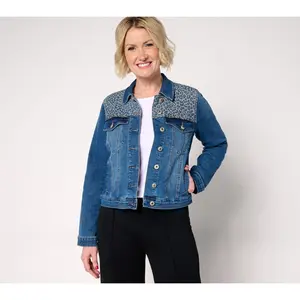 nicole by Nicole Miller Printed Yoke Stretch Denim Jacket