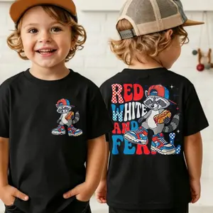 Red White and Feral Shirt, Retro Checkered Patriotic Cute Raccoon with Hot Dog Graphic Tee, 4th of July Toddler Shirt, Independence Day Outfit