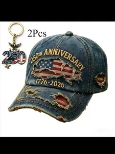 American 250th Anniversary Keychain Pendant, Embroidered Denim Ball Cap, Historical Event Collection Gift, Single Pack, Vintage