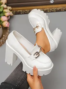 Women's Comfort Chunky Heel Platform Loafers, Patent Slip-On with Gold Buckle, Non-Slip Lug Sole for Long Work Days, Office, Business Casual, All-Day Wear