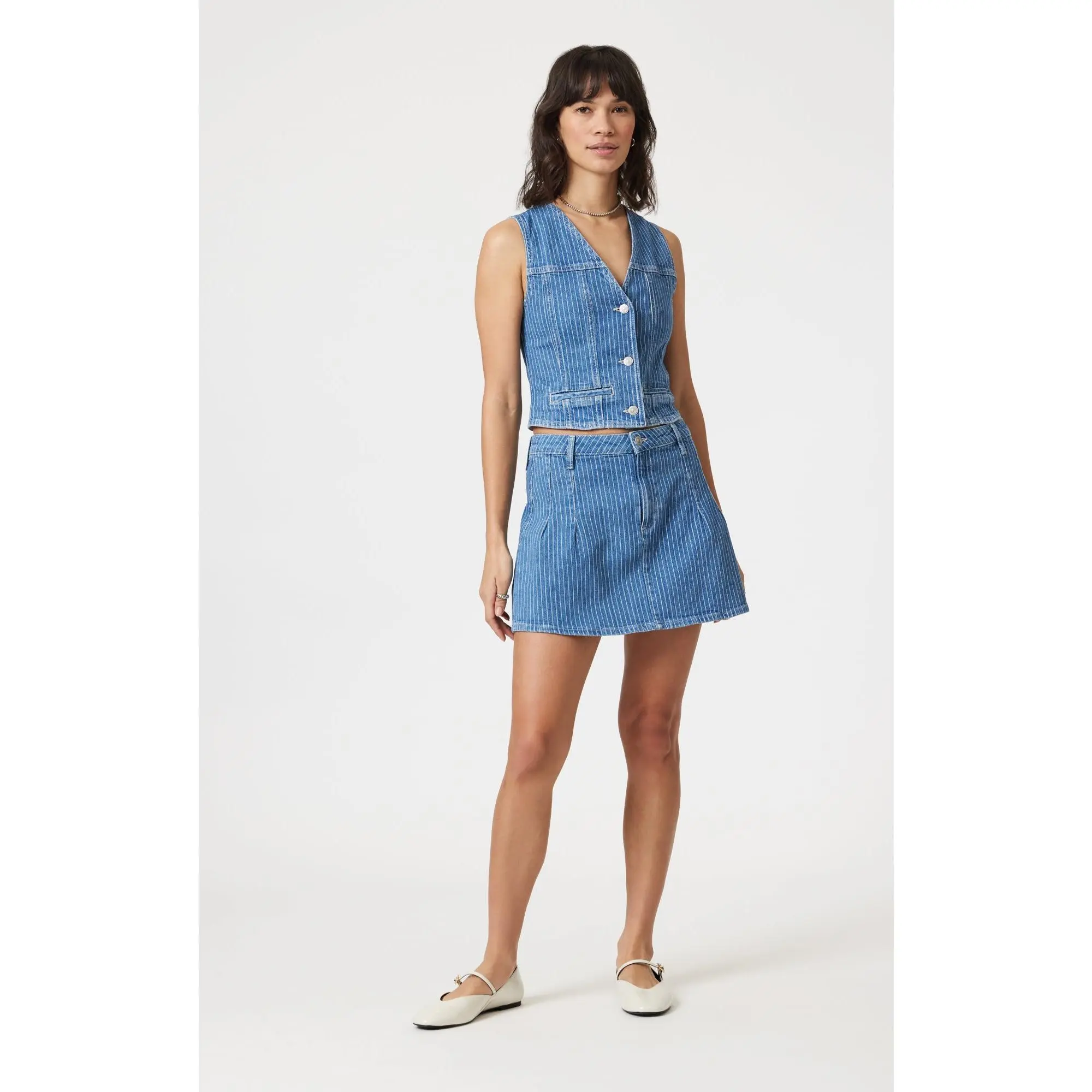 Women's Pinstripe Stretch Cotton A-Line Pleated Denim Mini Skirt with Vest - Summer Bottoms, A-Line Skirts, Above Knee Skirts