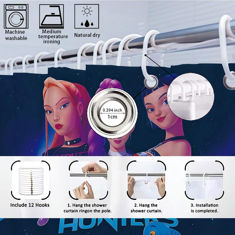 K-POP Demon Hunters Bathroom Set, Waterproof Shower Curtain with Hooks, Non-Slip Bath Rug, U-Shaped Toilet Mat, Toilet Lid Cover, Bathroom Decoration Accessories