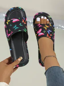 Women's Colorful Butterfly Print Thick Sole Sandals, Summer Outdoor One-Piece Open Toe Slippers, Elegant Fashion Beach Shoes, Casual Vacation Style