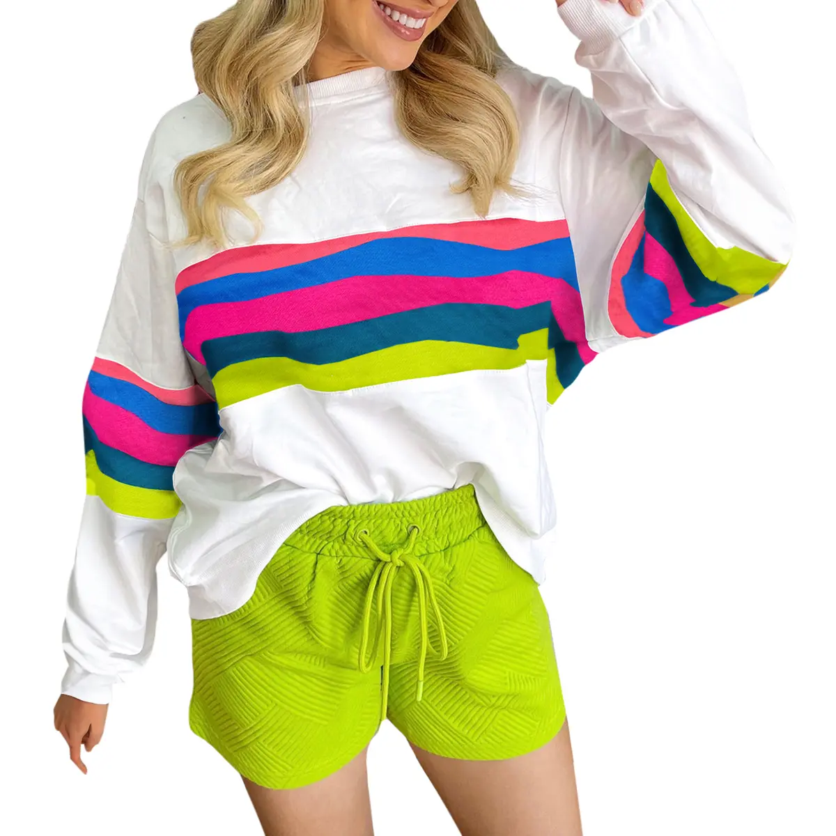 MNTAOR Women's Casual Winteroutfit Colorful Striped Accent Long Sleeve T Shirt Round Neck Patchwork Daily Top for Spring Fashion Elegant,