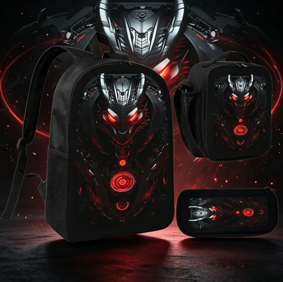 Ergonomic Sci-Fi Mecha Robot Backpack Set 3-in-1, Futuristic Printed School Bag with Lunch Box & Pencil Pouch, Back to School Backpacks for Boys & Teens