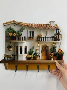 Sunflower Cottage Wooden Key Holder with 4 Metal Hooks Wall Mounted Decor for Home Porch Room Villa 2D Flat Design