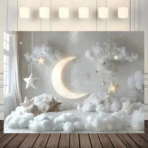 Moon & Star Pattern Cotton Background Banner, 1 Count Romantic Wall Hanging Decor, Wall Decor for Home Living Room Bedroom, Party Decoration Supplies, Ornaments