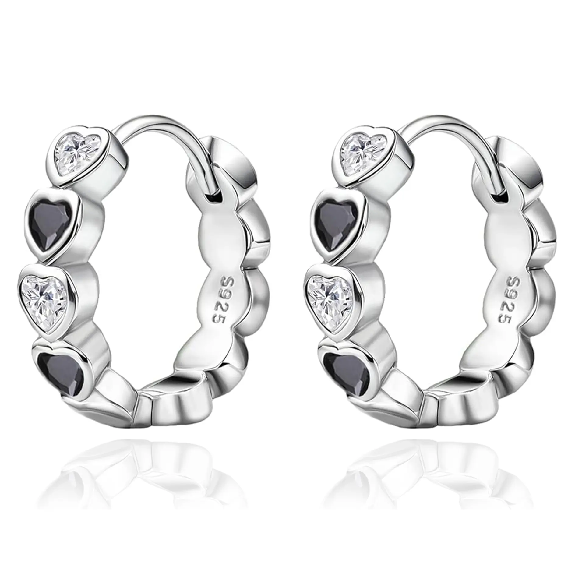 925 Sterling Silver Heart Huggie Hoop Earrings for Women, double Black Onyx & CZ, Dainty Minimalist Everyday Jewelry, Hypoallergenic Gift for Birthday Anniversary