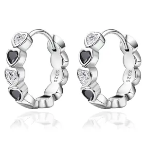 925 Sterling Silver Heart Huggie Hoop Earrings for Women, double Black Onyx & CZ, Dainty Minimalist Everyday Jewelry, Hypoallergenic Gift for Birthday Anniversary