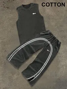 Men's Letter Print Tank Top & Tracksuit Pants Two-Piece Set, Regular Fit Sleeveless Top & Jogger Pants, Casual Summer Outfits Clothes Set for Men, Streetwear Tracksuit Set, Cotton